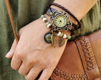Lot Montre Femme Analogique + 4 Bracelets Cuir Marron – Idée Cadeau Mode