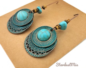 Ethnic boho earrings for women/filigree earrings/bohemian earrings/long ethnic earrings/geometric large blue earrings/gift for women