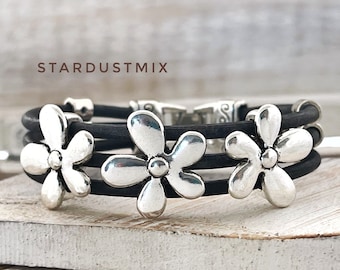 Leather bracelet, punk bracelet, womens bracelet with silver flowers details, handmade jewelry, gift for her, gift for women,leather jewelry