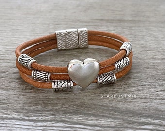 Leather Heart Bracelet, Boho Hippie Magnetic Clasp Jewelry