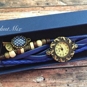 Women watch ladies watch leather blue bracelet with a blue charm gift for her women&#39;s wrist watch boho watch vintage style watch festival