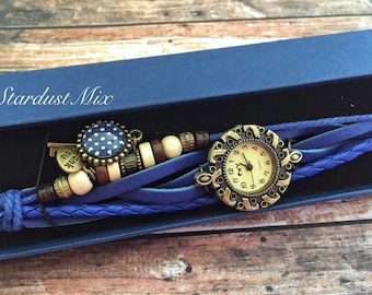 Blue Leather Bracelet Watch, Boho Vintage Style Charm