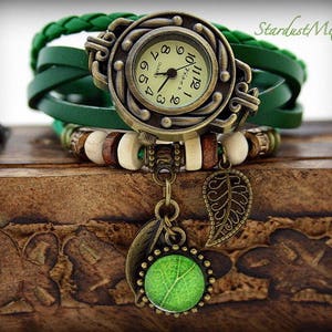 Womens watch leather bracelet vintage watch style boho bracelet gift for her bohemian jewelry steampunk watch sister gift nature jewelry