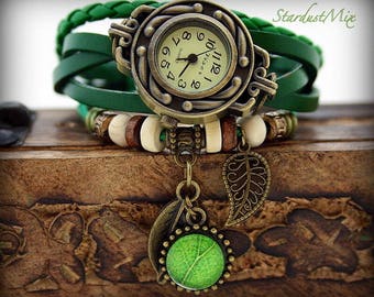 Womens watch leather bracelet vintage watch style boho bracelet gift for her bohemian jewelry steampunk watch sister gift nature jewelry