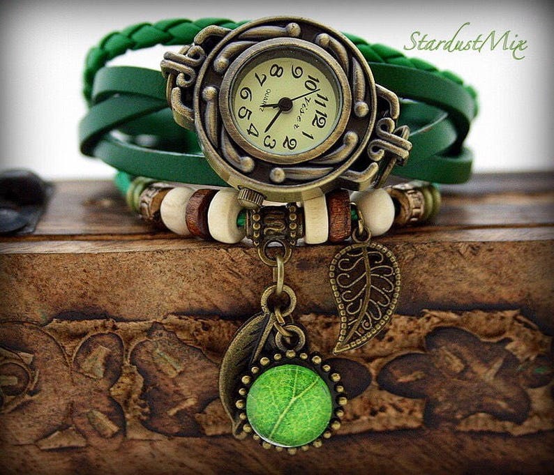 Watches for women green watch leather bracelet vintage boho bracelet with a green leaf gift for her bohemian steampunk watch gift for women image 4