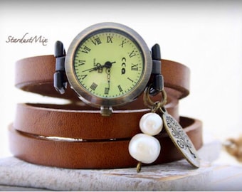 Womens watch leather bracelet vintage watch style boho bracelet gift for her bohemian jewelry steampunk watch sister gift leather and pearls