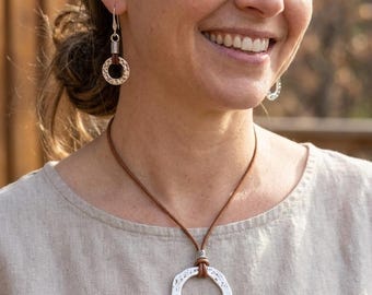 Necklace/Hammered antique silver necklace/boho minimalist leather necklace/boho jewelry/gift for women/gifts for her