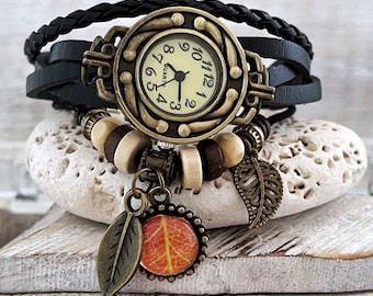 Womens watch Leather bracelet vintage watch Gift for her Watches for women Boho hippie handmade jewelry Steampunk watch