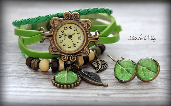 Green Watch, Bracelet and Earring Set. 9PCS Luxury Green Women main image 4