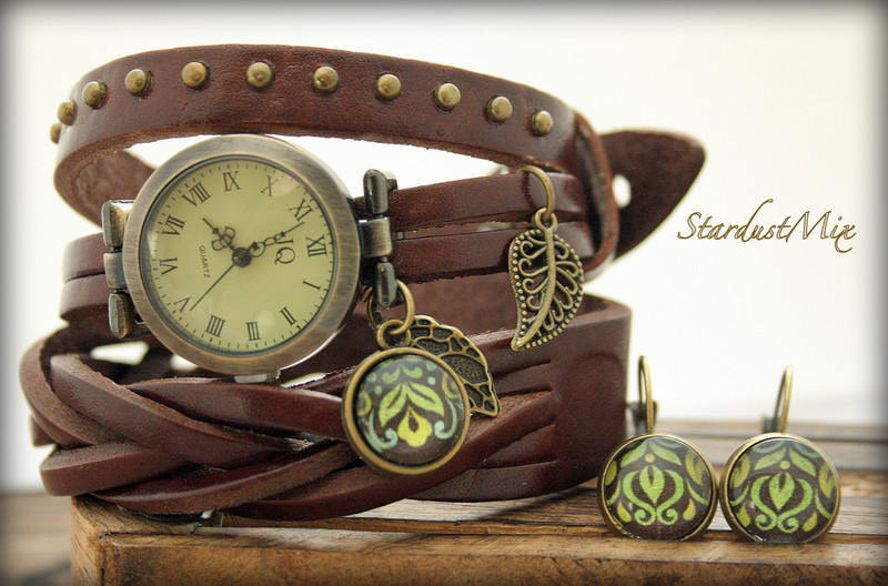 Leather Wrap Watch With Leaf Charm & Matching Earrings - Etsy display picture 3