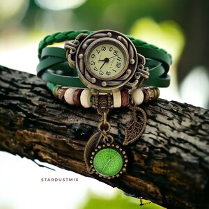 Watches for women green watch leather bracelet vintage boho bracelet with a green leaf gift for her bohemian steampunk watch gift for women image 7