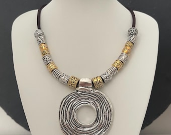 Statement necklace leather jewelry for women/Handmade jewelry gift for her/boho ethnic silver gold beads necklace/gift for women necklace