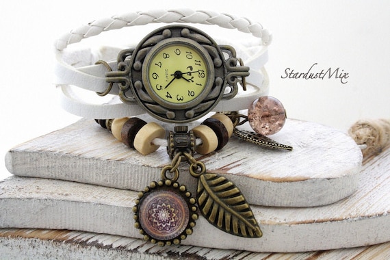 Leather Bracelet Watch for Women in Pure White/tree Leaf and  display picture 1