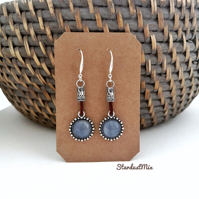 Kolczyki/srebrne i vintage skórzane niebieskie kolczyki jeansowe/kolczyki boho/kolczyki wiszące boho/delikatne kolczyki/etniczne kolczyki dla kobiet zdjęcie 4