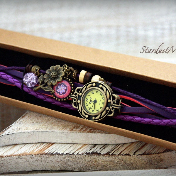 Watches for women/Purple Leather bracelet womens watch/flower mandala charm/steampunk boho hippie watch/boho jewelry for women/gifts for her