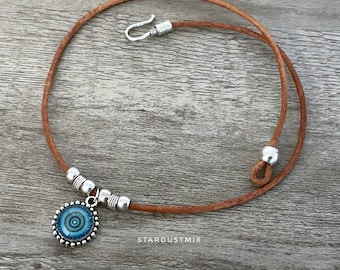 Necklace/Handmade Leather necklace Moroccan blue glass pendant/boho minimalist necklace/ethnic beaded necklace/handmade jewelry