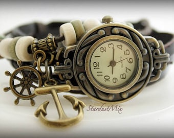 Lederarmband Frauen sehen, Geschenk für sie, Frauenuhren, Damenuhr, Frauenarmbanduhr, boho Uhr, Weinleseuhr, nautische Uhr, retro Uhr
