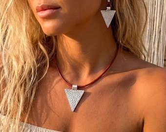 Handmade Jewelry set Necklace and earrings for women/Gift for her leather necklace/boho ethnic geometric earrings/Gift for women