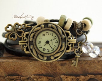 Watch for women, Womens watch, leather bracelet watch with a key crystal charm, gift for her, gift for women, boho watch, vintage watch