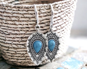 Handgemaakte sieraden Oorbellen voor vrouwen cadeau voor haar/Sky blue zilveren oorbellen/bengelen boho oorbellen/lange etnische drop oorbellen