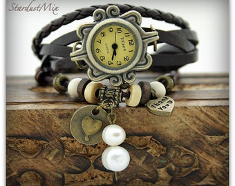 Womens watch with leather watch strap, natural fresh water pearls, leather bracelet watch for women, gift for her, gift for women, boho