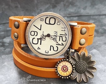 Watches for women/Sunflower Womens watch/wrap around ladies watch/steampunk watch/gift for her/gift for women/boho watch/orange watch