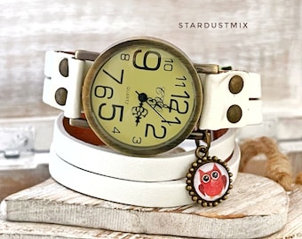 Watches for women/wrap around women’s watch with punk owl charm/gifts for her/boho watch/steampunk festivals watch/hippie watch/quirky watch