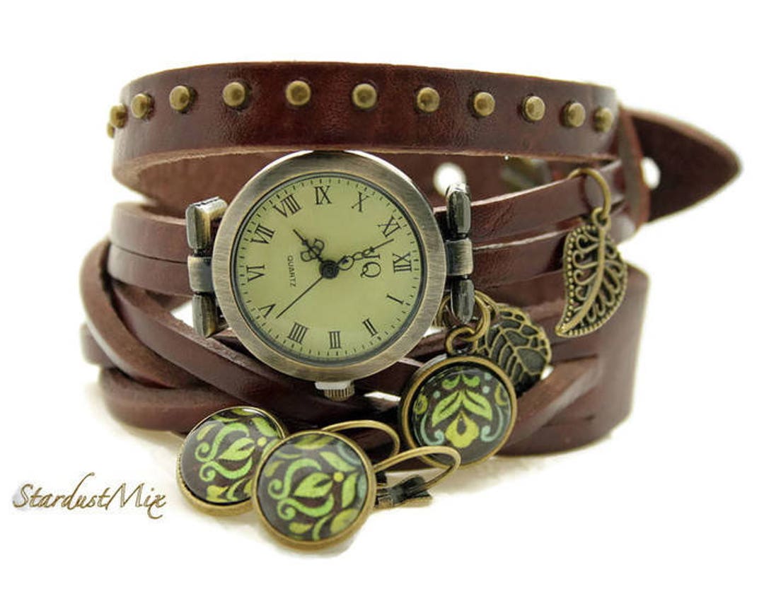 Leather Wrap Watch With Leaf Charm & Matching Earrings - Etsy display picture 1