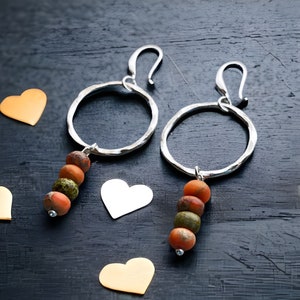 Earrings with silver hoops and ethnic beads/bohemian hammered steel earrings/boho dangle earrings/dainty drop earrings/long earrings