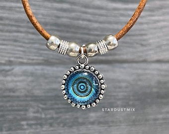 Necklace/Handmade Leather necklace Moroccan blue glass pendant/boho minimalist necklace/ethnic beaded necklace/handmade jewelry
