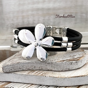 Leather bracelet with silver flower details,punk bracelet, womens bracelet, handmade boho leather jewelry,gift for her,gift for women