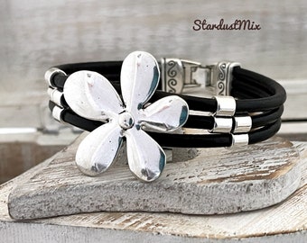 Leather bracelet with silver flower details,punk bracelet, womens bracelet, handmade boho leather jewelry,gift for her,gift for women