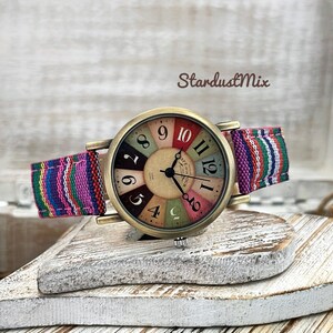 Watches for women gifts for her/Gift for him/Watch gift for women with quirky multicolour strap/Gift for mum/UK stock/boho and hippie Purple pink