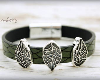 Leather bracelet punk bracelet women men unisex bracelet with green leather and leaves details magnetic closure nature bracelet leather gift