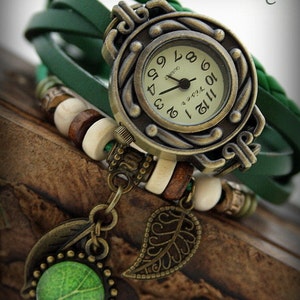 Watches for women green watch leather bracelet vintage boho bracelet with a green leaf gift for her bohemian steampunk watch gift for women image 8