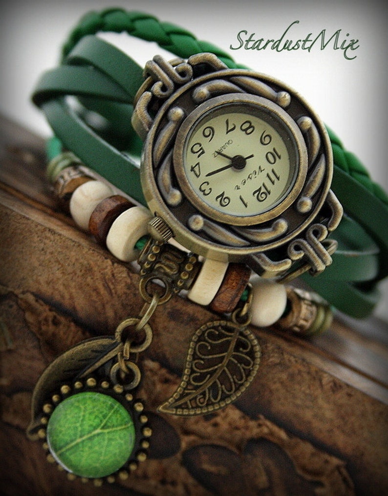 Watches for women green watch leather bracelet vintage boho bracelet with a green leaf gift for her bohemian steampunk watch gift for women image 8