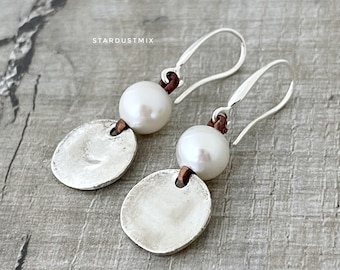 Sterling silver Earrings for women/leather and Pearls earrings/gift for her boho earrings/drop dangle earrings/handmade jewelry gift