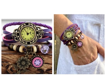 Boho Leather Bracelet Watch: Vintage Style, Purple Flower Charm