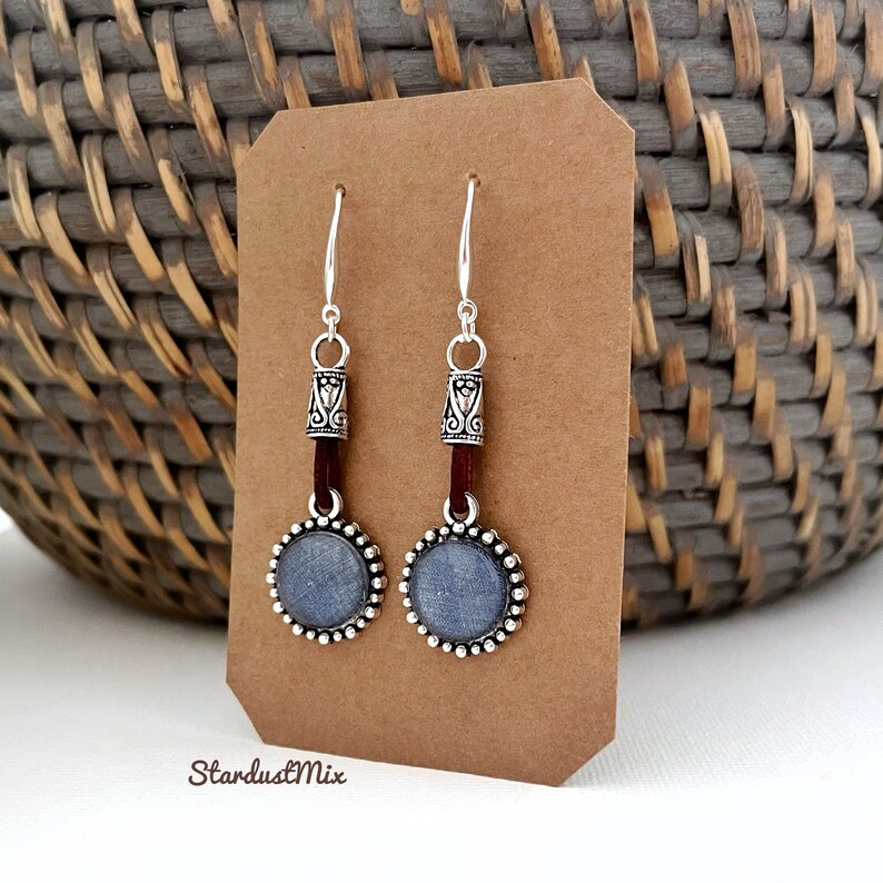 Kolczyki/srebrne i vintage skórzane niebieskie kolczyki jeansowe/kolczyki boho/kolczyki wiszące boho/delikatne kolczyki/etniczne kolczyki dla kobiet zdjęcie 3