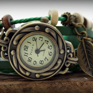 Watches for women green watch leather bracelet vintage boho bracelet with a green leaf gift for her bohemian steampunk watch gift for women image 9