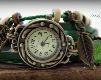 Boho Leather Bracelet Watch, Green Leaf Charm, Steampunk  display picture 1