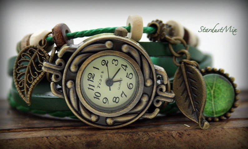 Watches for women green watch leather bracelet vintage boho bracelet with a green leaf gift for her bohemian steampunk watch gift for women image 9