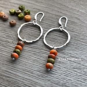 Earrings with silver hoops and ethnic beads/bohemian hammered steel earrings/boho dangle earrings/dainty drop earrings/long earrings