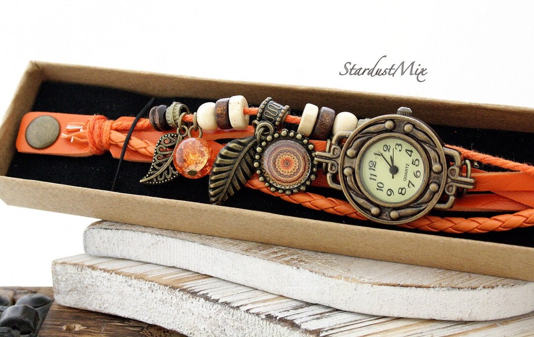 Steampunk Womens Watch leather Bracelet Watch for Women in Autumn Orange tree Leaf and Orange Mandala Charms boho Jewelry boho Hippie Watch Etsy UK