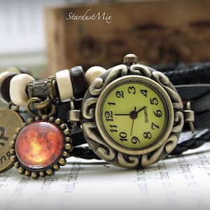 Women&#39;s watch with Libra zodiac sign charm and ruling planet Venus/leather bracelet ladies watch/gift for her/boho watch/festival watch