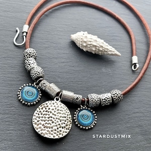 Gift for her leather and silver necklace for women/Handmade jewelry/ boho ethnic statement necklace/gift for women necklace