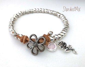 Leather Silver Bracelet with flowers and crystal details/Boho jewelry/handmade jewelry/beaded bracelet/silver gift for women/gift for her