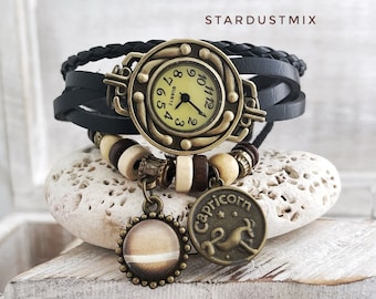 Watches for women gift for her/zodiac jewelry/womens watches vintage gift for women/handmade planets jewelry/steampunk watch leather strap