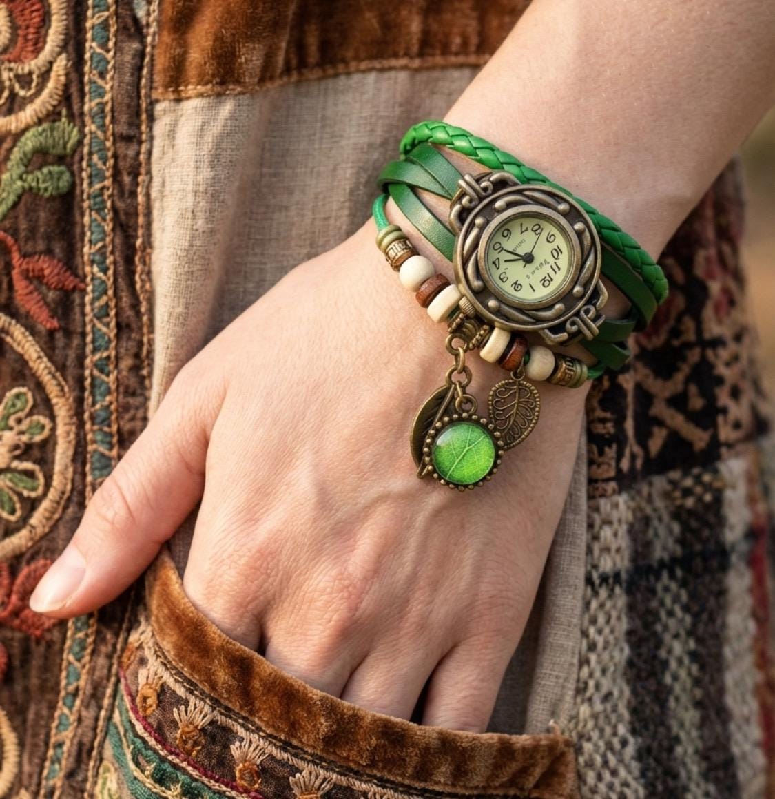 Green Multi-Strand Leather Bracelet Watch with Wing Charm il_fullxfull.7498405765_aanw.jpg main image 3