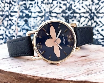 Watches for women with elegant honey bee design/Navy blue dress watch/classy boho and hippie watch/gift for her/gift for women/bohemian